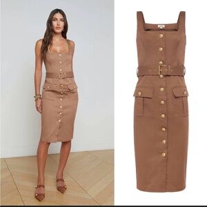 L'AGENCE Chocolate Malt Idy Midi Dress with Gold Accents